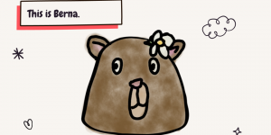 Bear with flower tucked behind her left ear. Caption at the top that says "This is Berna."