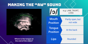 Left: Screenshot of ultrasound of someone saying "ada"; Right: IPA symbol, example words, chart for mouth position, tongue position, lips