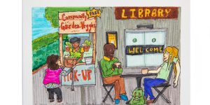 Painting of two people sitting at a table having coffee and chatting outside a library. One individual grasps a coffee cup with both hands, while the other leans back in a chair with a backpack at their feet. The library building has a “Welcome” sign on its doors and a bulletin board that reads “Newcomer Classes.” Just off to the side is a free Community Garden Veggies stand where a person is handing a basketful of veggies to an older woman with a cane. There is lush greenery in the background of this scene. The painting has an off-white border around it with the artist’s handle “@creation_wing” written on the bottom right corner. Alt-text written by United Aunties