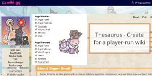 Screenshot of a wiki homepage for a snail-based idle game overlay with a screenshot of a thesaurus and a character from the game.